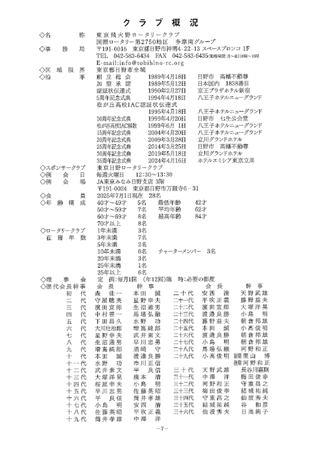 2025~2026年度 東京飛火野ロータリークラブ組織表